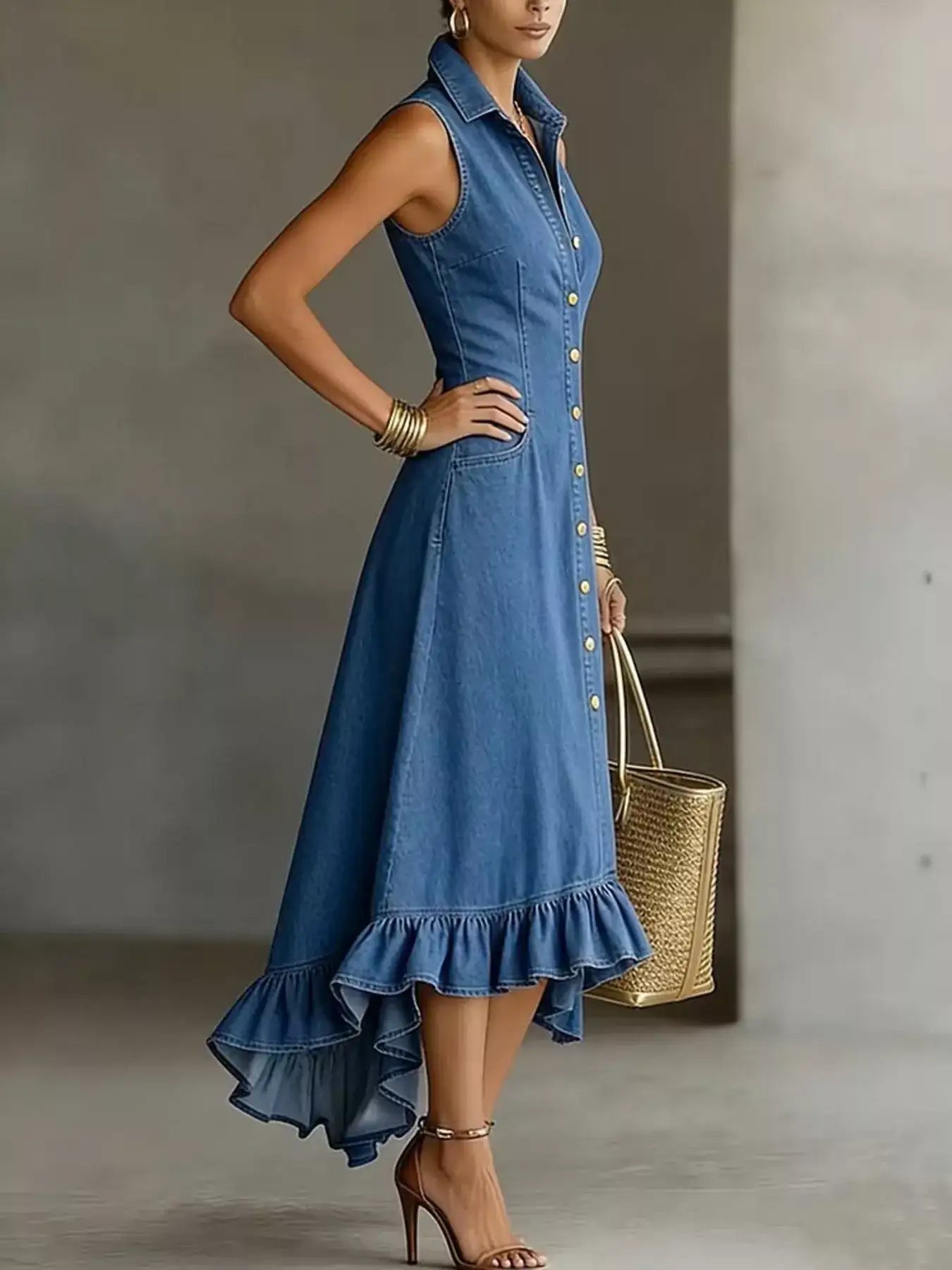 Sleeveless Ruffled Hem Denim Dress – Ruffle Hem Detail