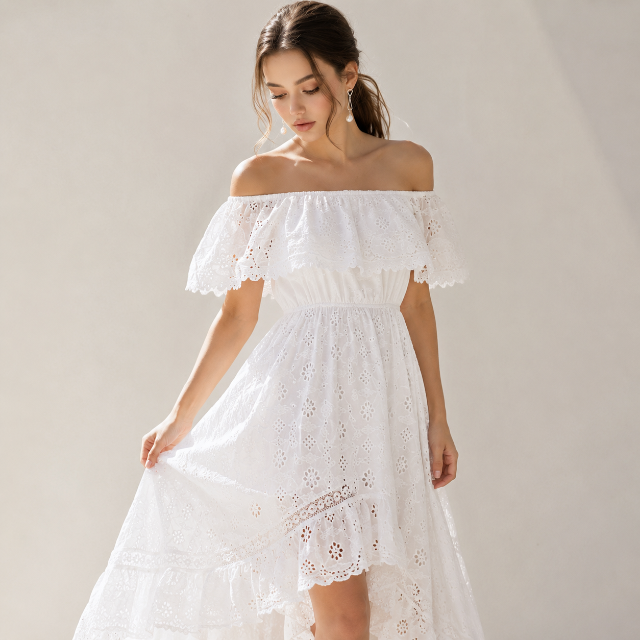 Off Shoulder Eyelet Lace Maxi Dress – Back View | Celina Studio