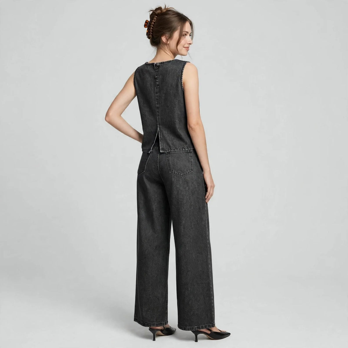 Dark Blue Denim tank and pants set on model, close-up detail