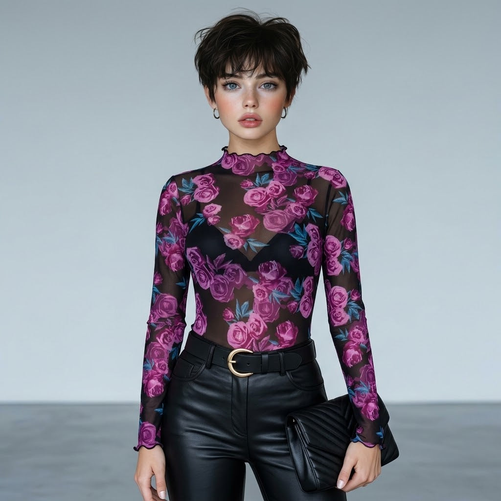 Floral Mock Neck Long Sleeve Top