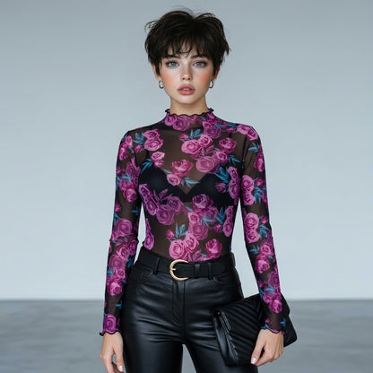Floral Mock Neck Long Sleeve Top