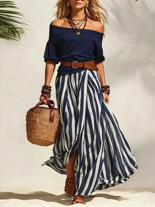 Off Shoulder Top and Striped Maxi Skirt Set with Belt