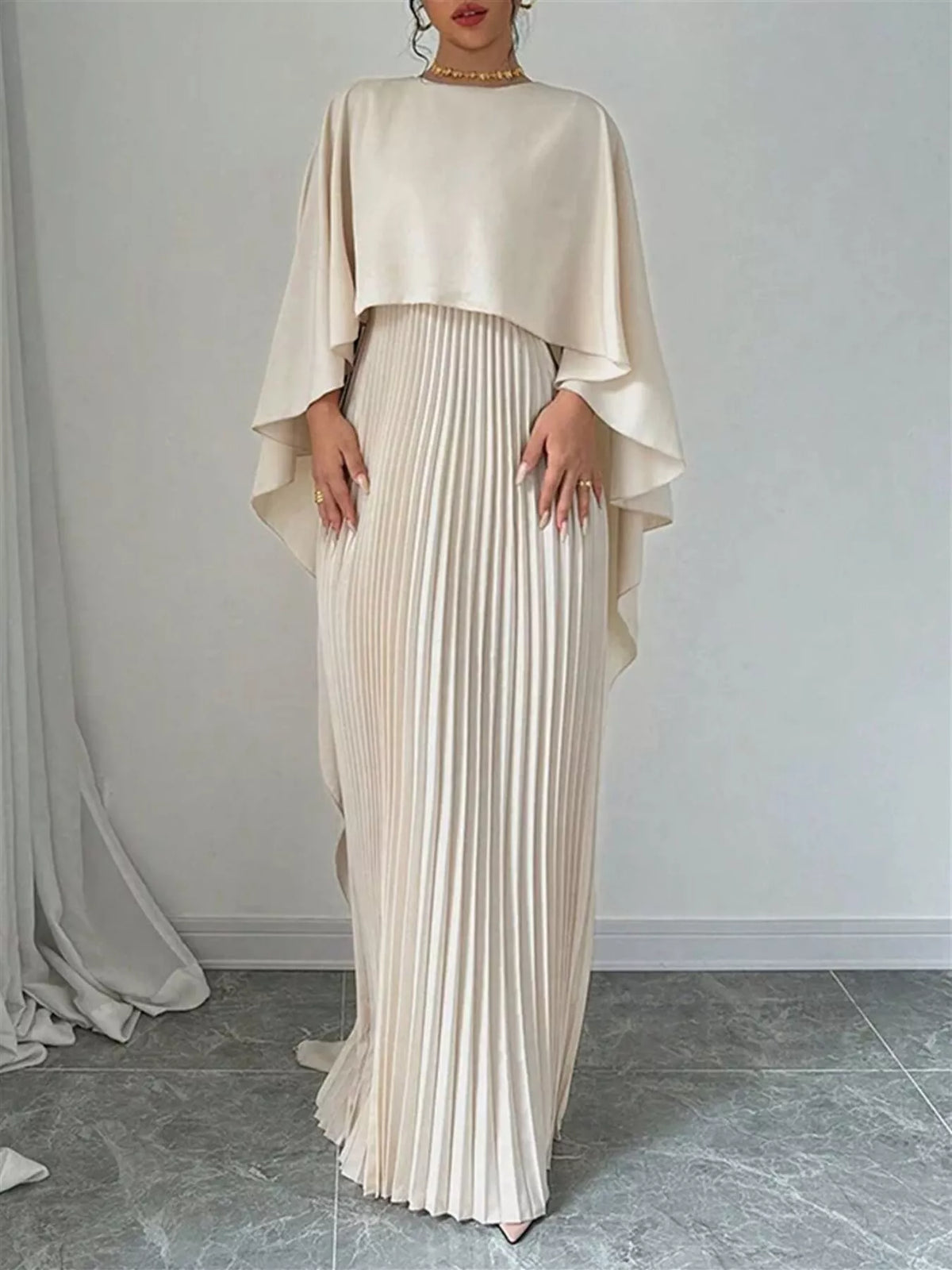 Pleated Cape Maxi Dress – Red Color Option | Celina Studio