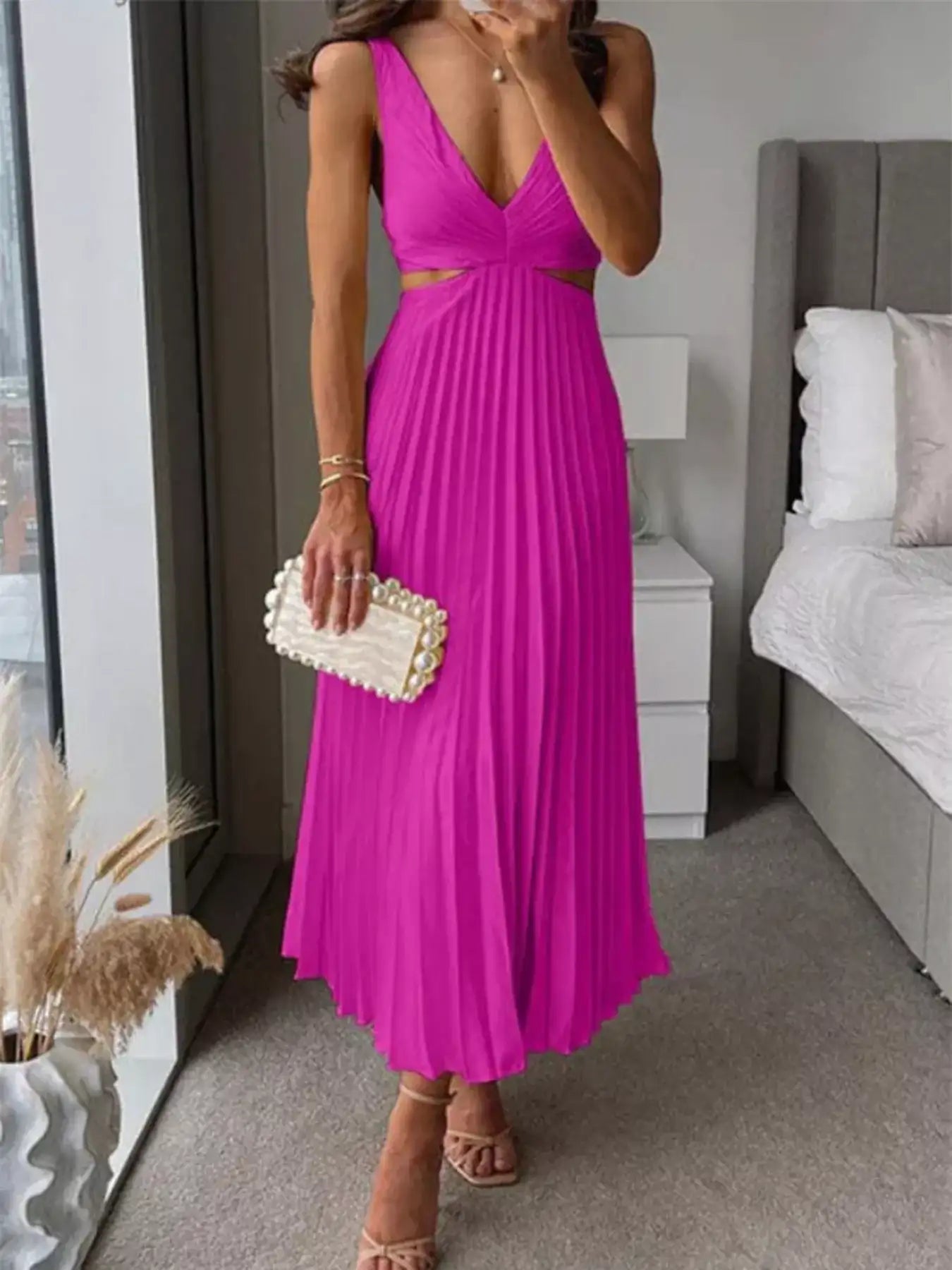 Pleated Midi Dress with Cut-out Details – Full Length View