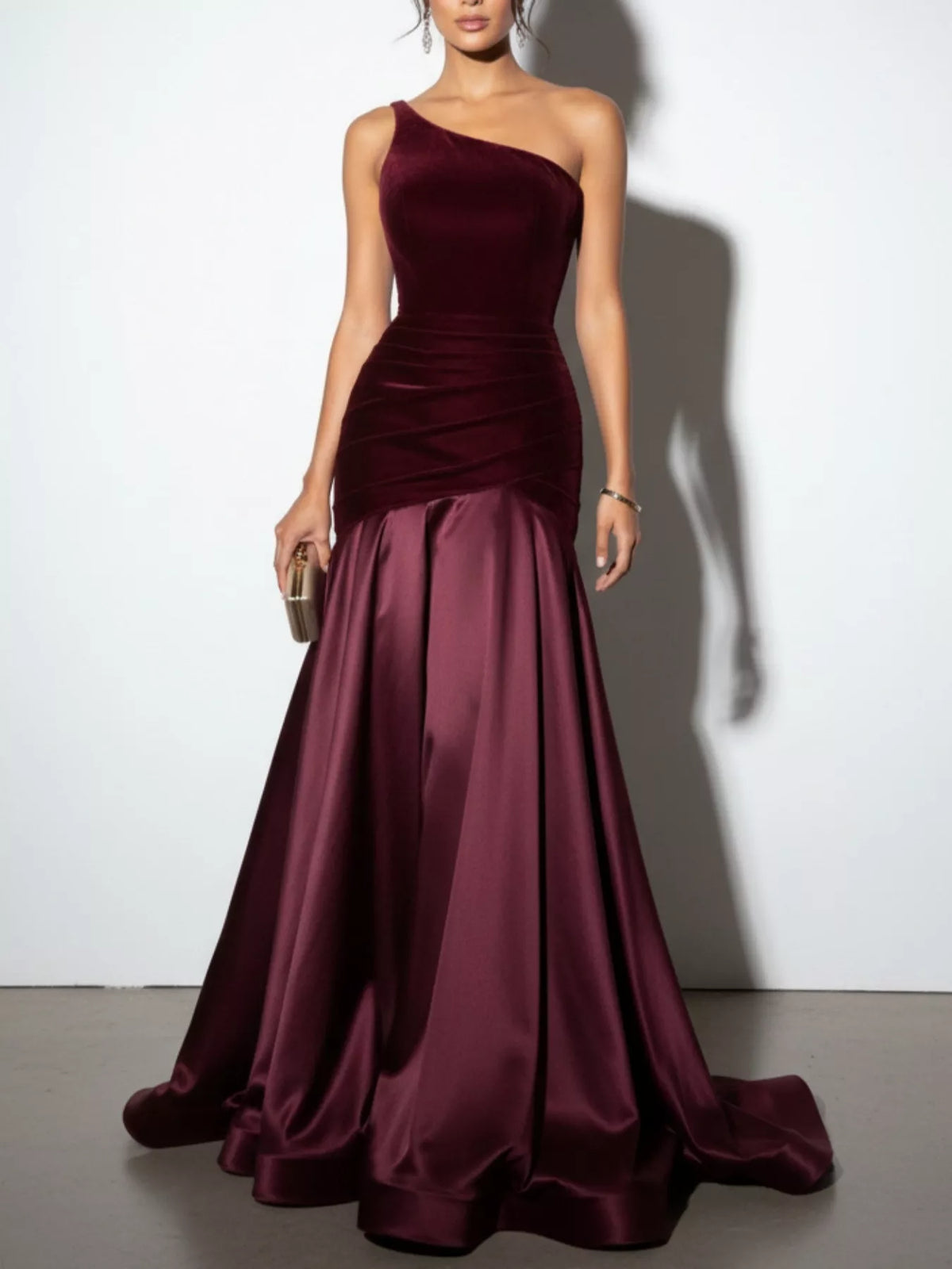 Wine Red Ruched One-Shoulder Floor-Length Dress – Front View | Celina Studio