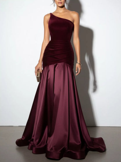 Wine Red Ruched One-Shoulder Floor-Length Dress – Front View | Celina Studio
