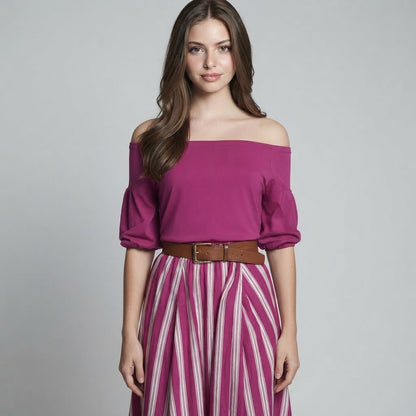 Off-Shoulder Top and Striped Maxi Skirt Set – Product Image | Celina Studio