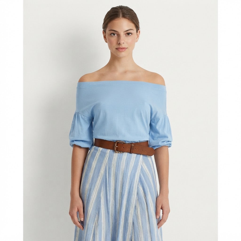 Off-Shoulder Top and Striped Maxi Skirt Set – Product Image | Celina Studio