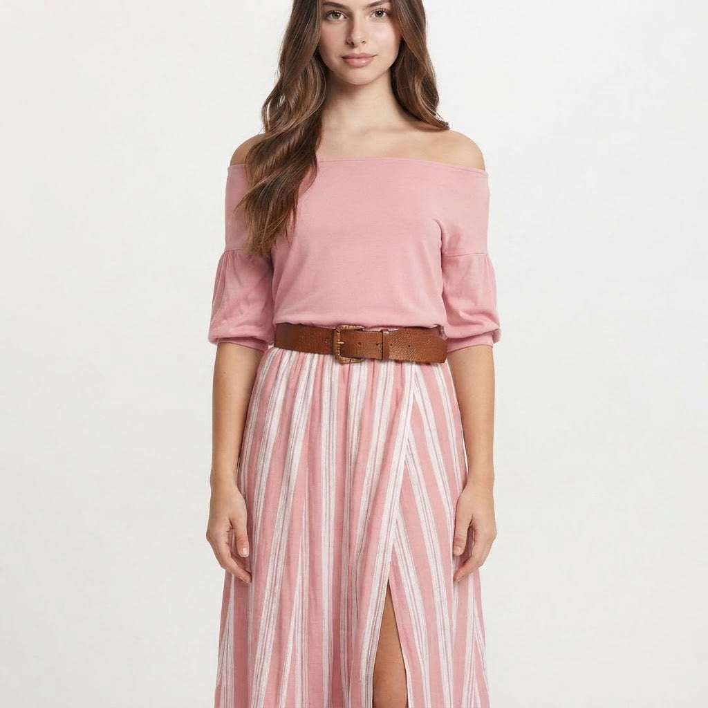 Off-Shoulder Top and Striped Maxi Skirt Set – Product Image | Celina Studio