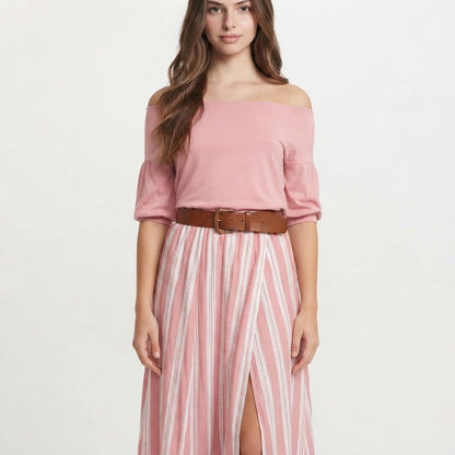 Off-Shoulder Top and Striped Maxi Skirt Set – Product Image | Celina Studio