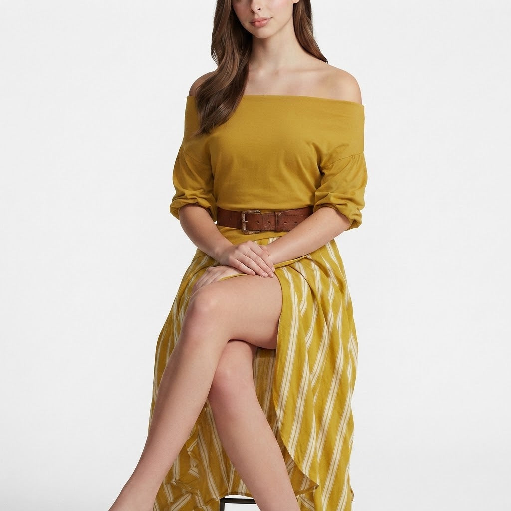 Off-Shoulder Top and Striped Maxi Skirt Set – Product Image | Celina Studio