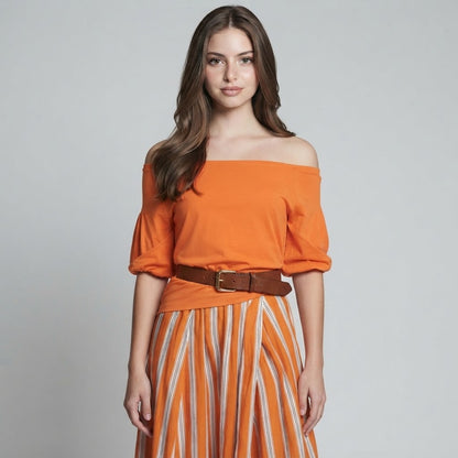 Off-Shoulder Top and Striped Maxi Skirt Set – Product Image | Celina Studio