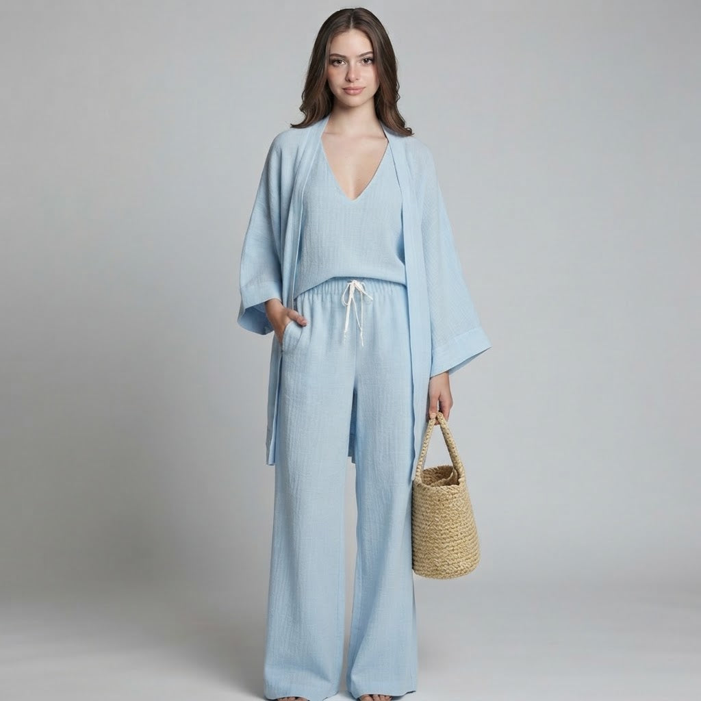 V-Neck Cardigan and Pants 3-Piece Loungewear Set – Product Image | Celina Studio