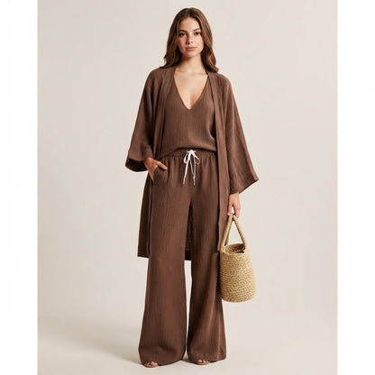V-Neck Cardigan and Pants 3-Piece Loungewear Set – Color Option | Celina Studio