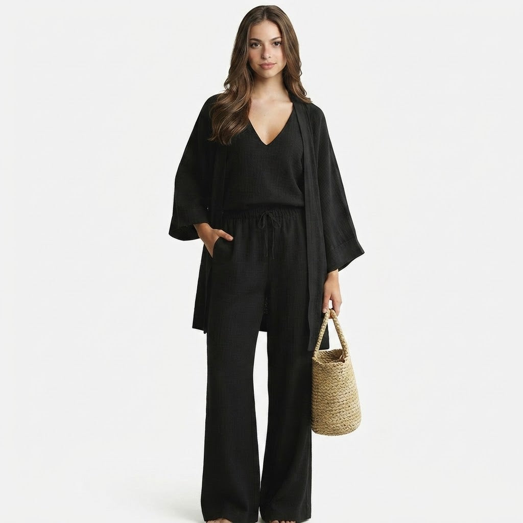 V-Neck Cardigan and Pants 3-Piece Loungewear Set – Detail View | Celina Studio