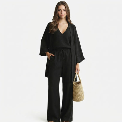 V-Neck Cardigan and Pants 3-Piece Loungewear Set – Detail View | Celina Studio