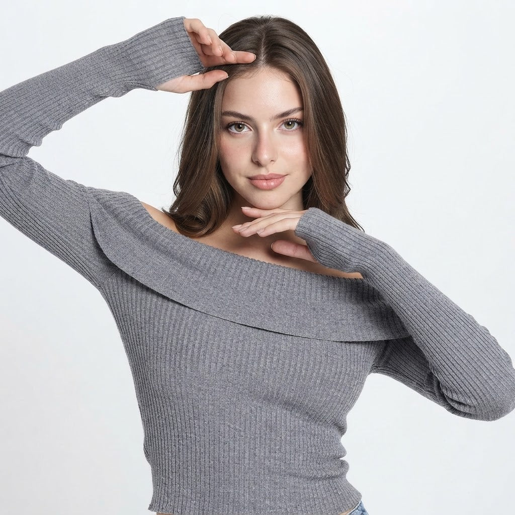 Off-Shoulder Ribbed Knit Sweater