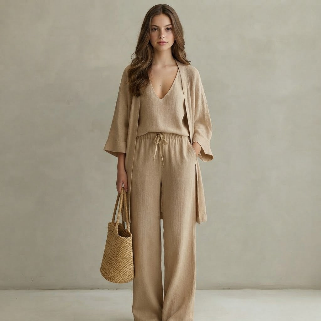 V-Neck Cardigan and Pants 3-Piece Loungewear Set – Product Image | Celina Studio