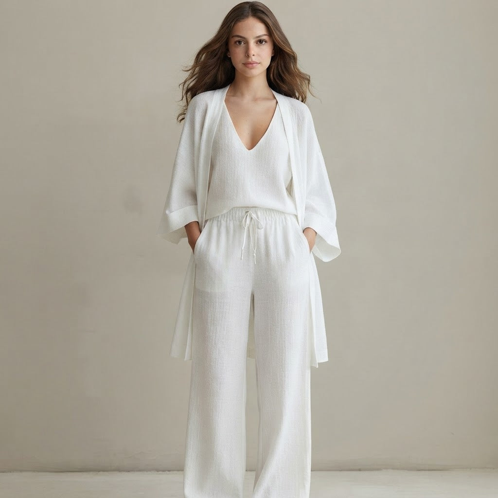 V-Neck Cardigan and Pants 3-Piece Loungewear Set – Front View | Celina Studio