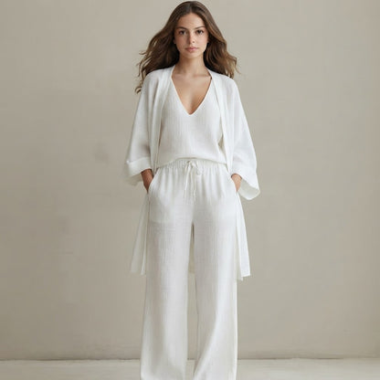 V-Neck Cardigan and Pants 3-Piece Loungewear Set – Front View | Celina Studio