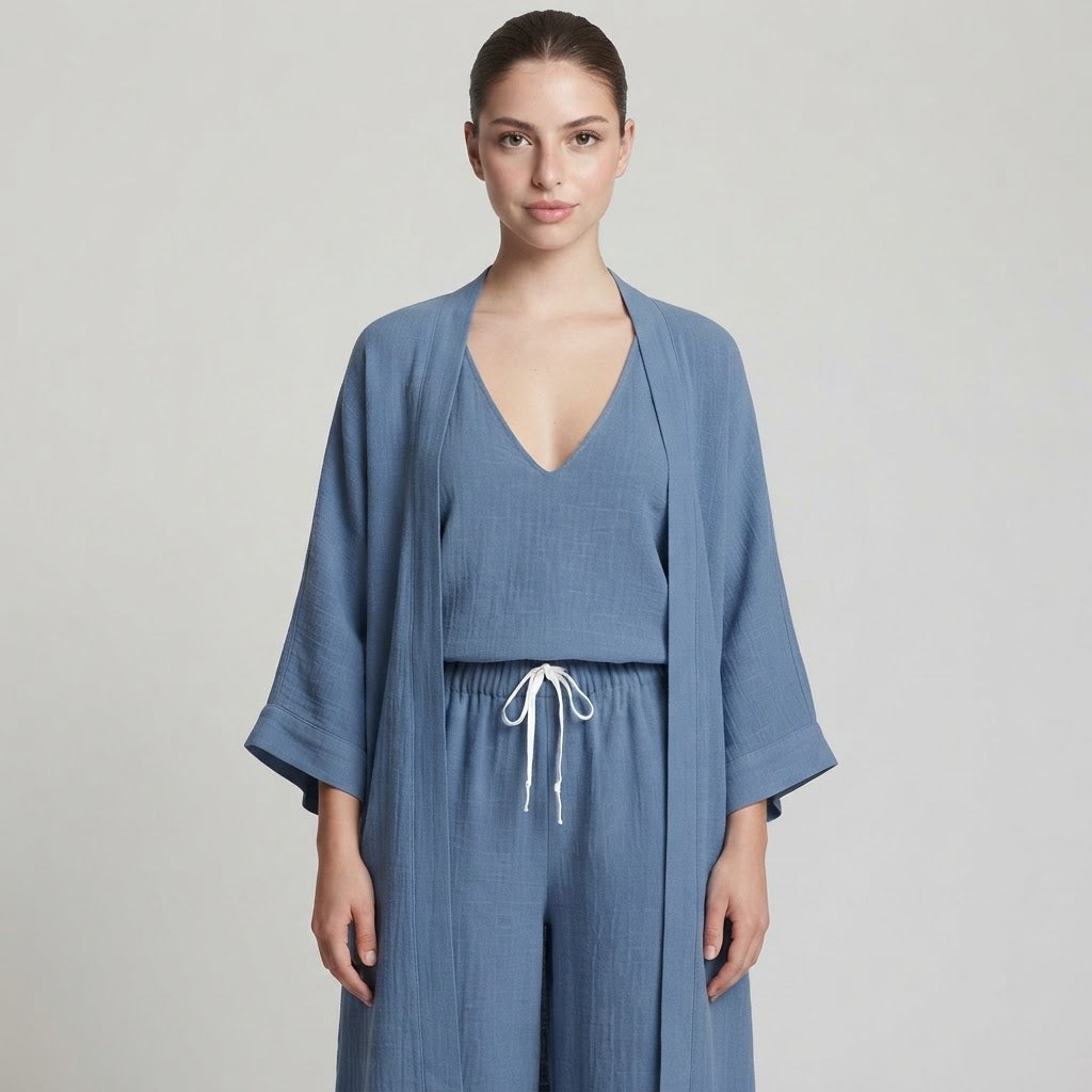 V-Neck Cardigan and Pants 3-Piece Loungewear Set – Product Image | Celina Studio