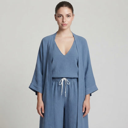 V-Neck Cardigan and Pants 3-Piece Loungewear Set – Product Image | Celina Studio