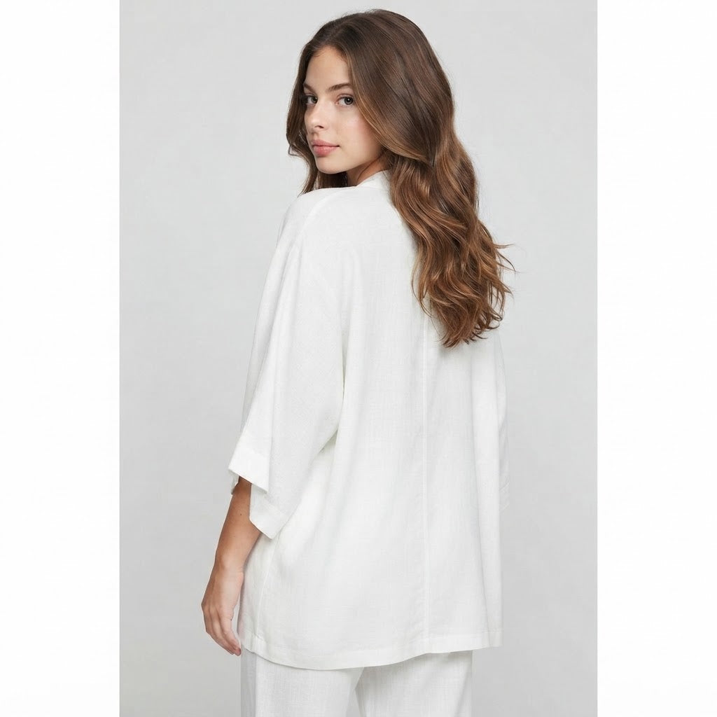 V-Neck Cardigan and Pants 3-Piece Loungewear Set – Back View | Celina Studio