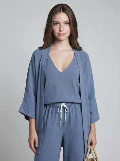 V-Neck Cardigan and Pants 3-Piece Loungewear Set – Product Image | Celina Studio