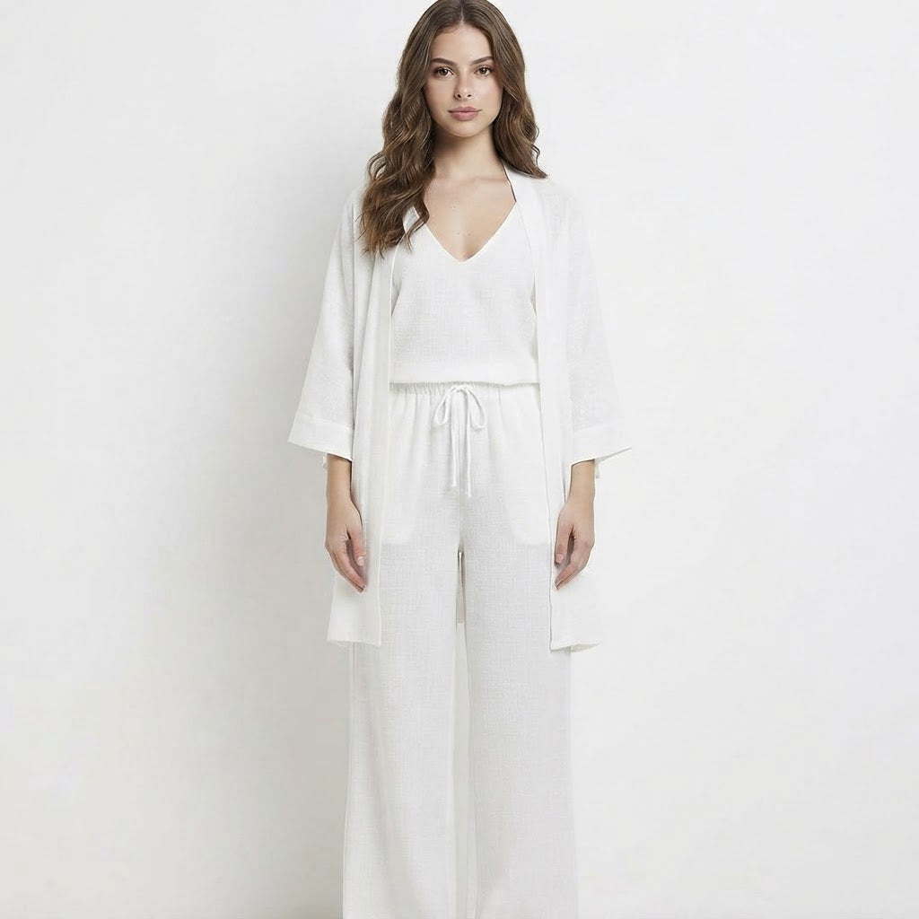 V-Neck Cardigan and Pants 3-Piece Loungewear Set – Side View | Celina Studio