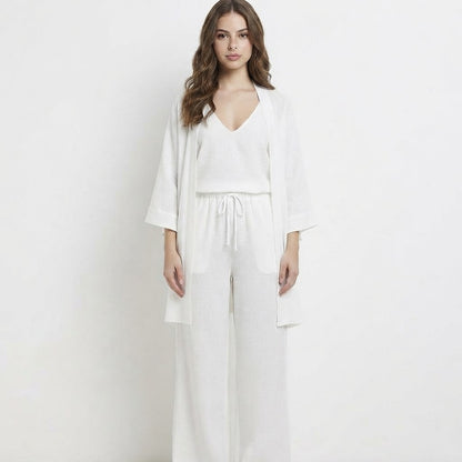 V-Neck Cardigan and Pants 3-Piece Loungewear Set – Side View | Celina Studio