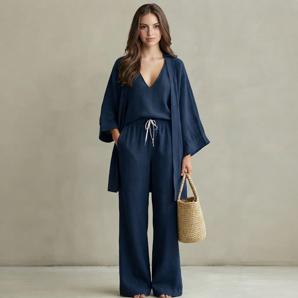 V-Neck Cardigan and Pants 3-Piece Loungewear Set – Product Image | Celina Studio