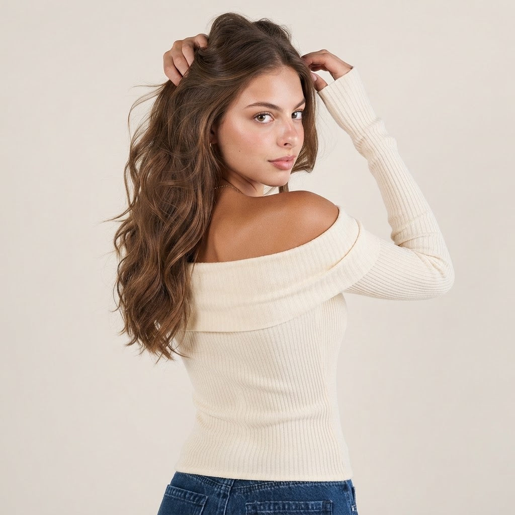 Off-Shoulder Ribbed Knit Sweater