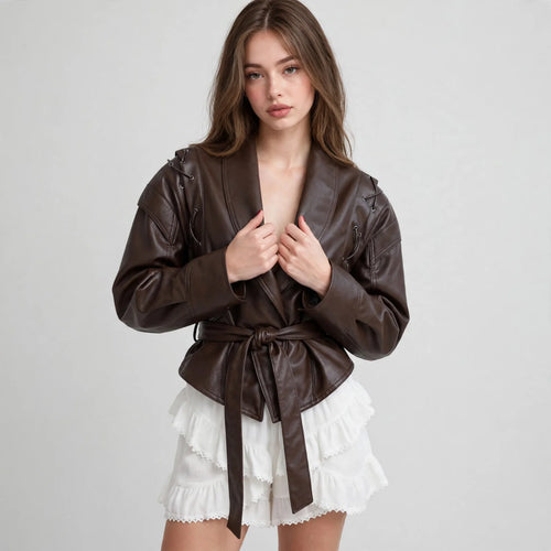 Belted Leather Jacket with Shawl Collar