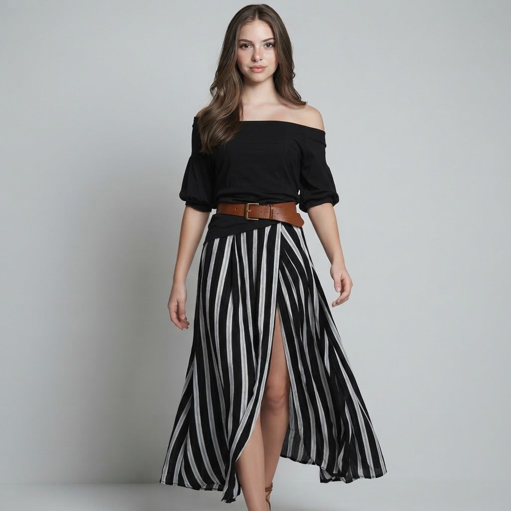Off-Shoulder Top and Striped Maxi Skirt Set – Product Image | Celina Studio