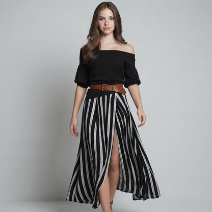 Off-Shoulder Top and Striped Maxi Skirt Set – Product Image | Celina Studio