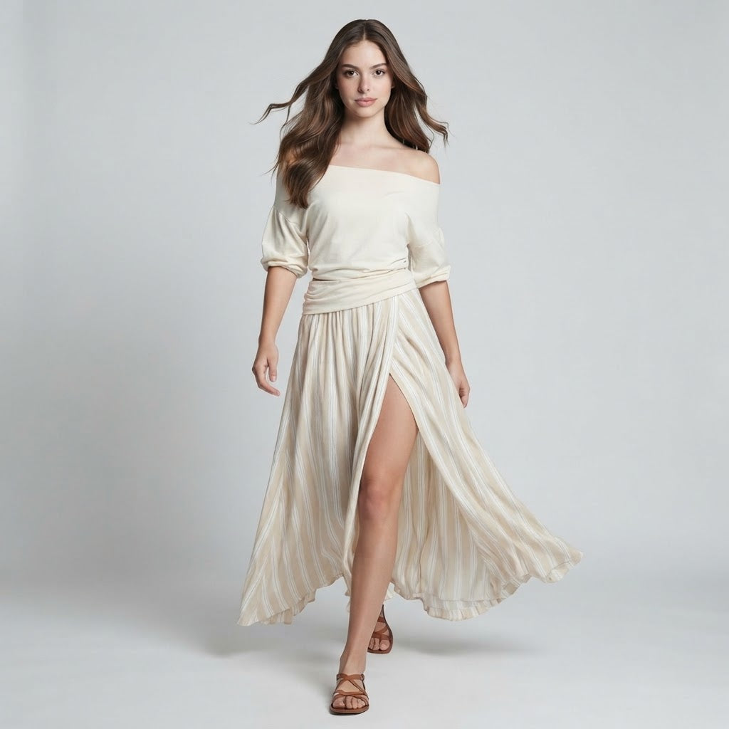 Off-Shoulder Top and Striped Maxi Skirt Set – Product Image | Celina Studio