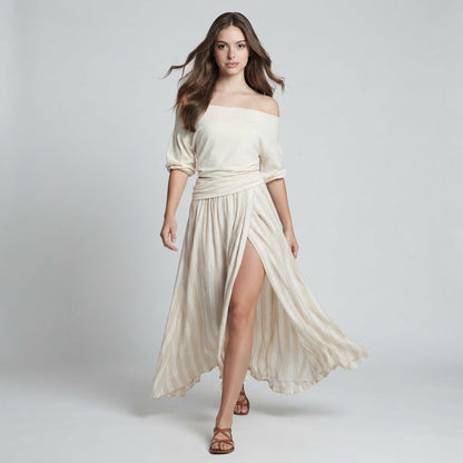 Off-Shoulder Top and Striped Maxi Skirt Set – Product Image | Celina Studio