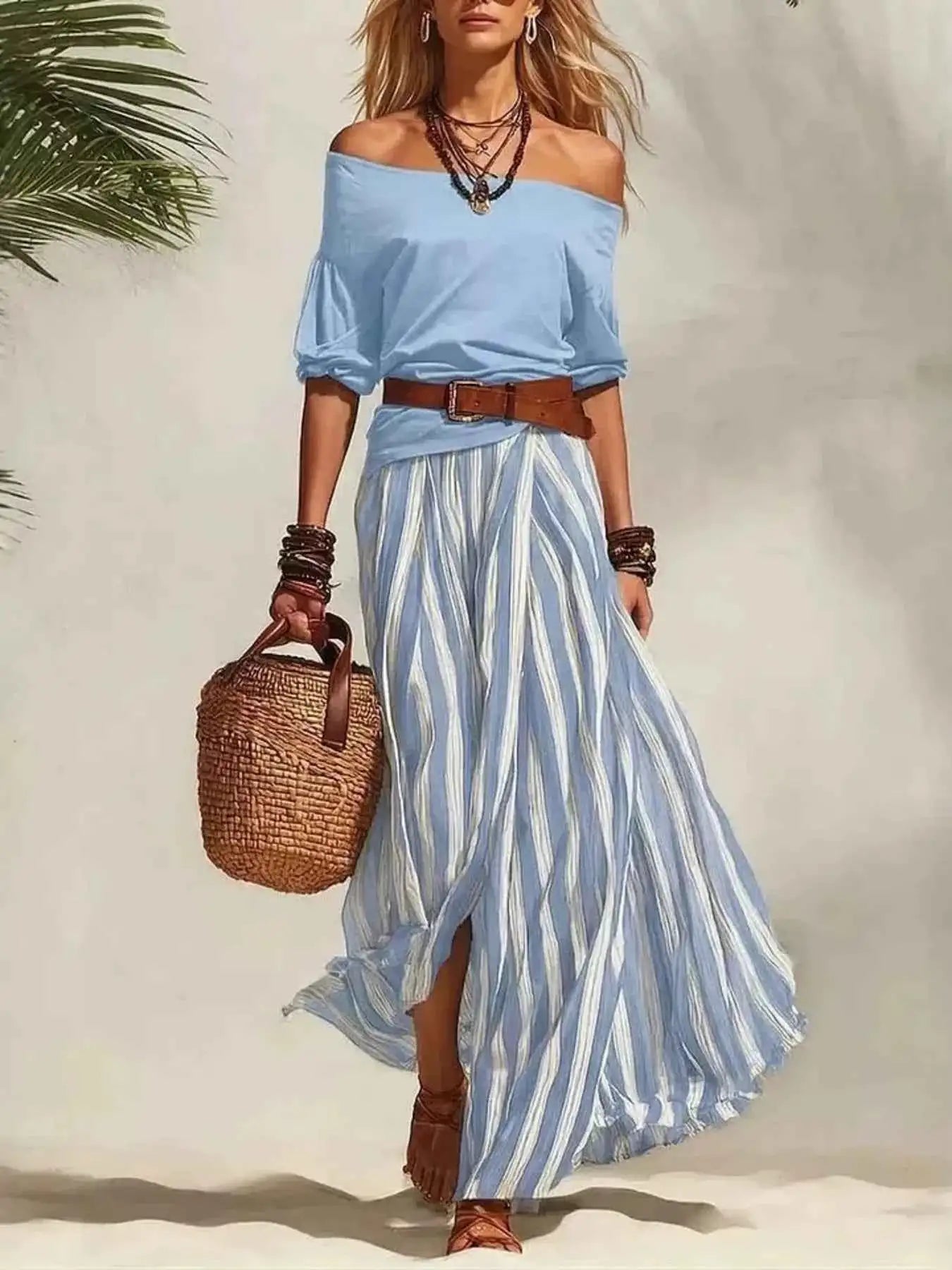 Off Shoulder Top and Striped Maxi Skirt Set with Belt