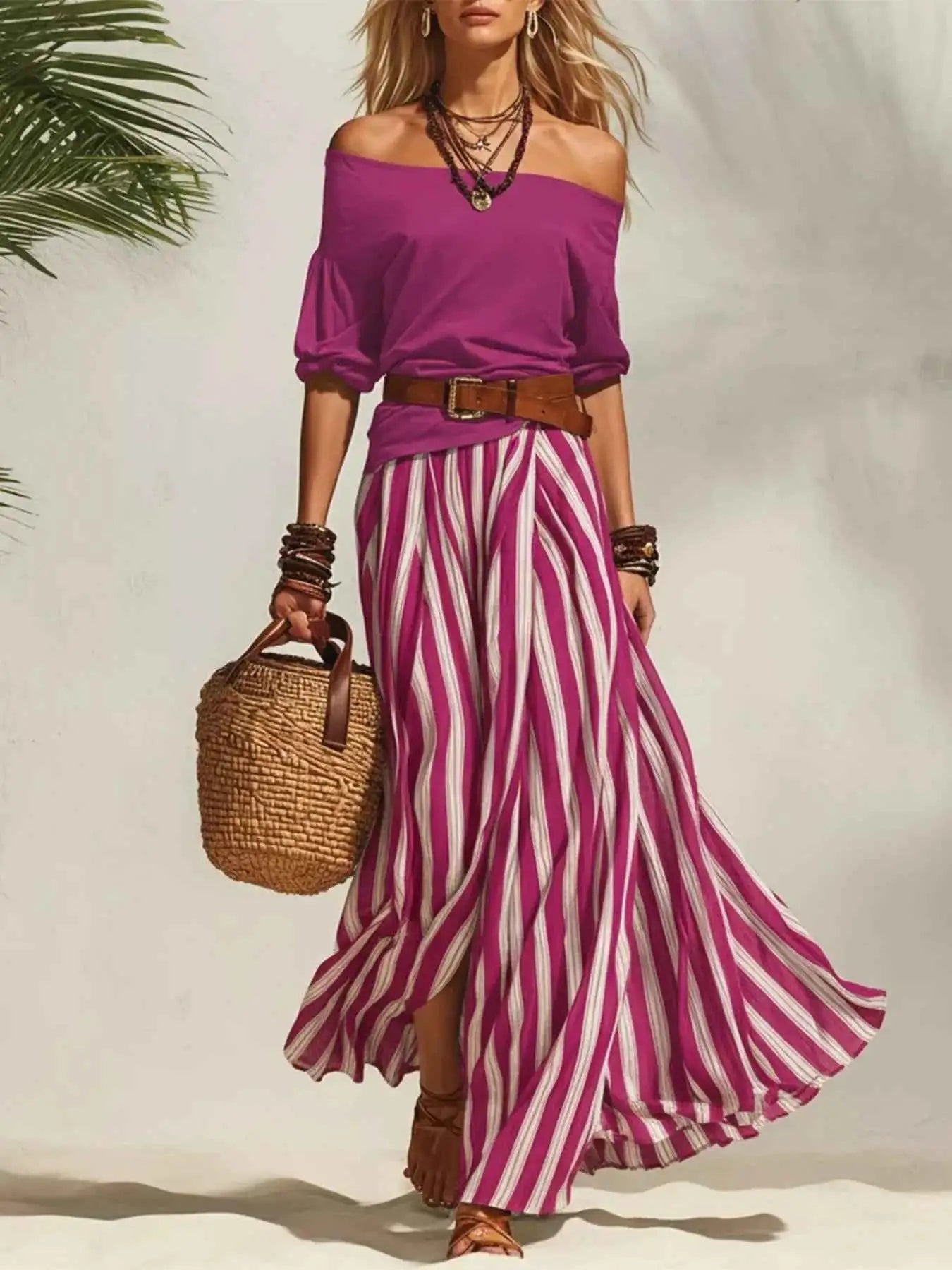 Off Shoulder Top and Striped Maxi Skirt Set with Belt