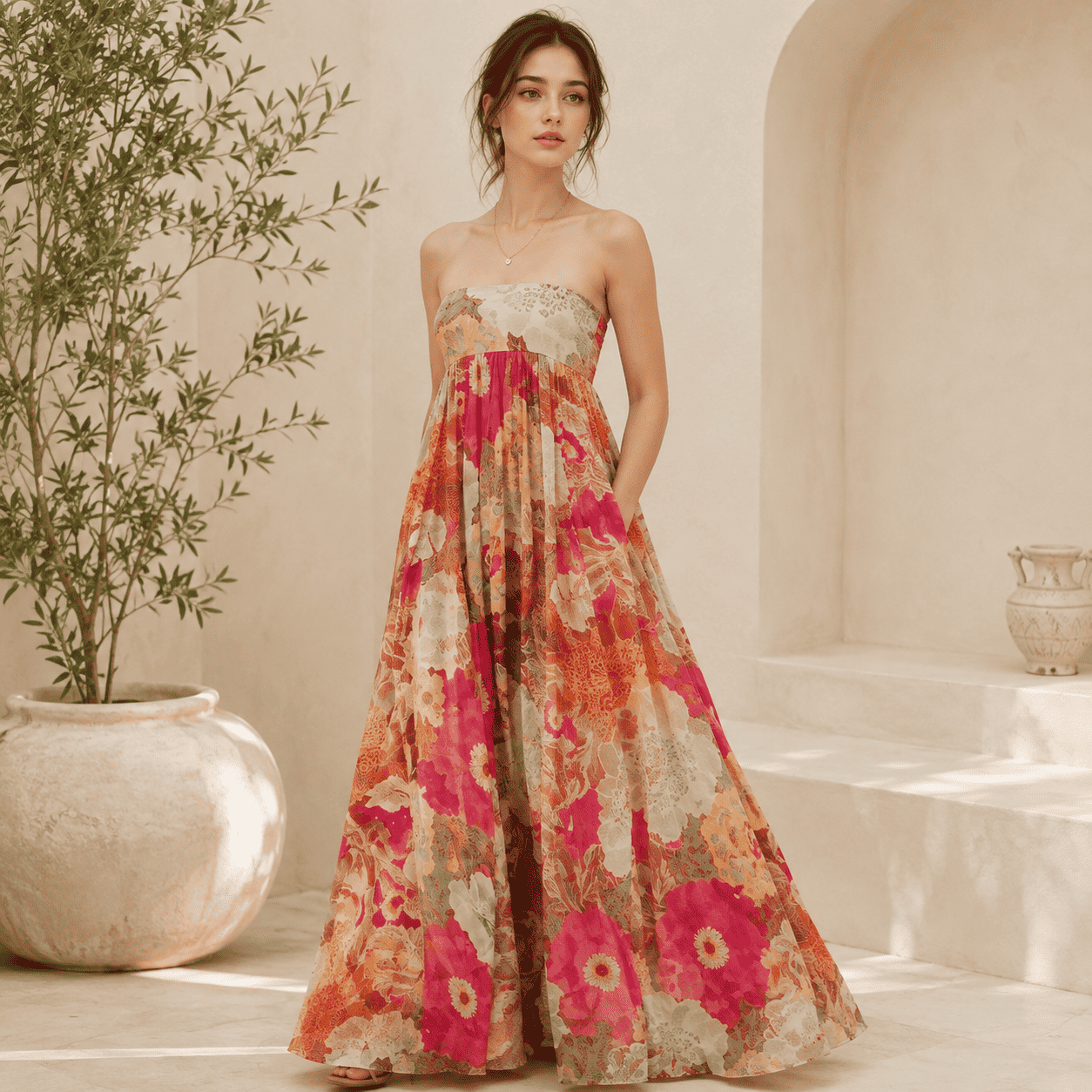 Floral Print Strapless Backless Pleated Maxi Dress