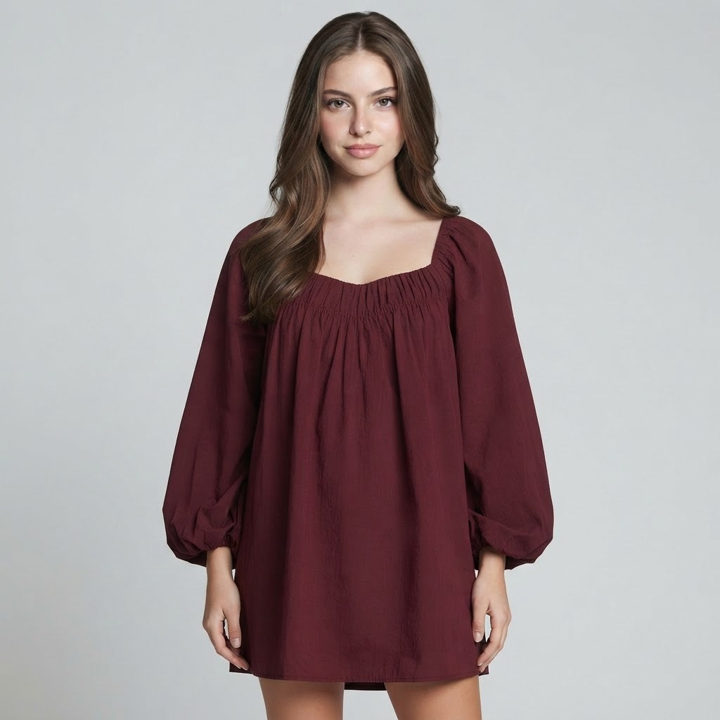 Flowy Mini Dress with Balloon Sleeves – Product Image | Celina Studio