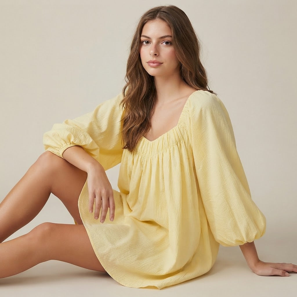 Flowy Mini Dress with Balloon Sleeves – Back View | Celina Studio