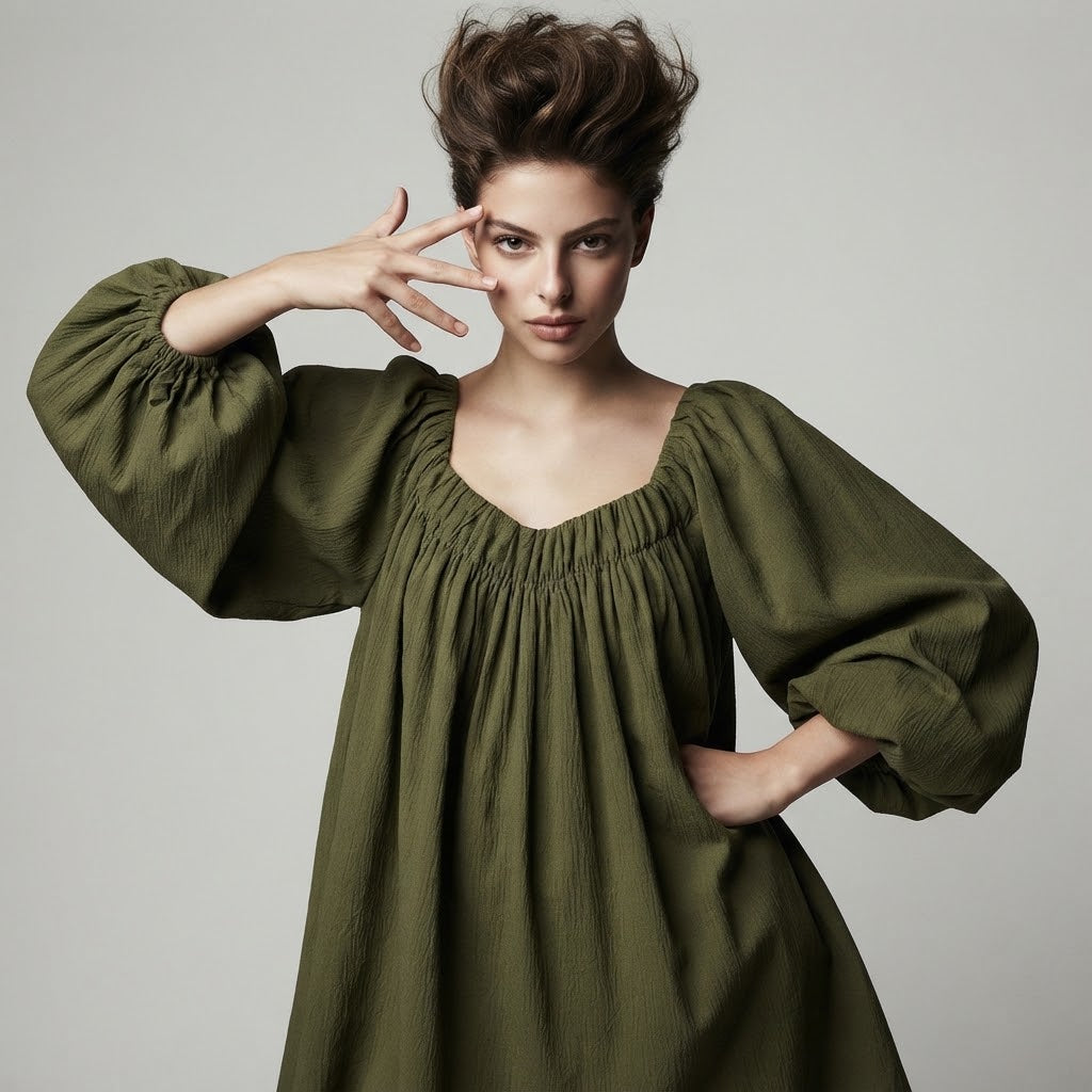 Flowy Mini Dress with Balloon Sleeves – Color Option 2 | Celina Studio