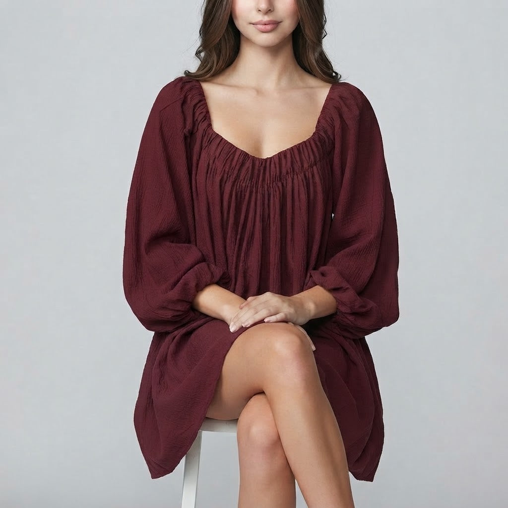 Flowy Mini Dress with Balloon Sleeves – Product Image | Celina Studio