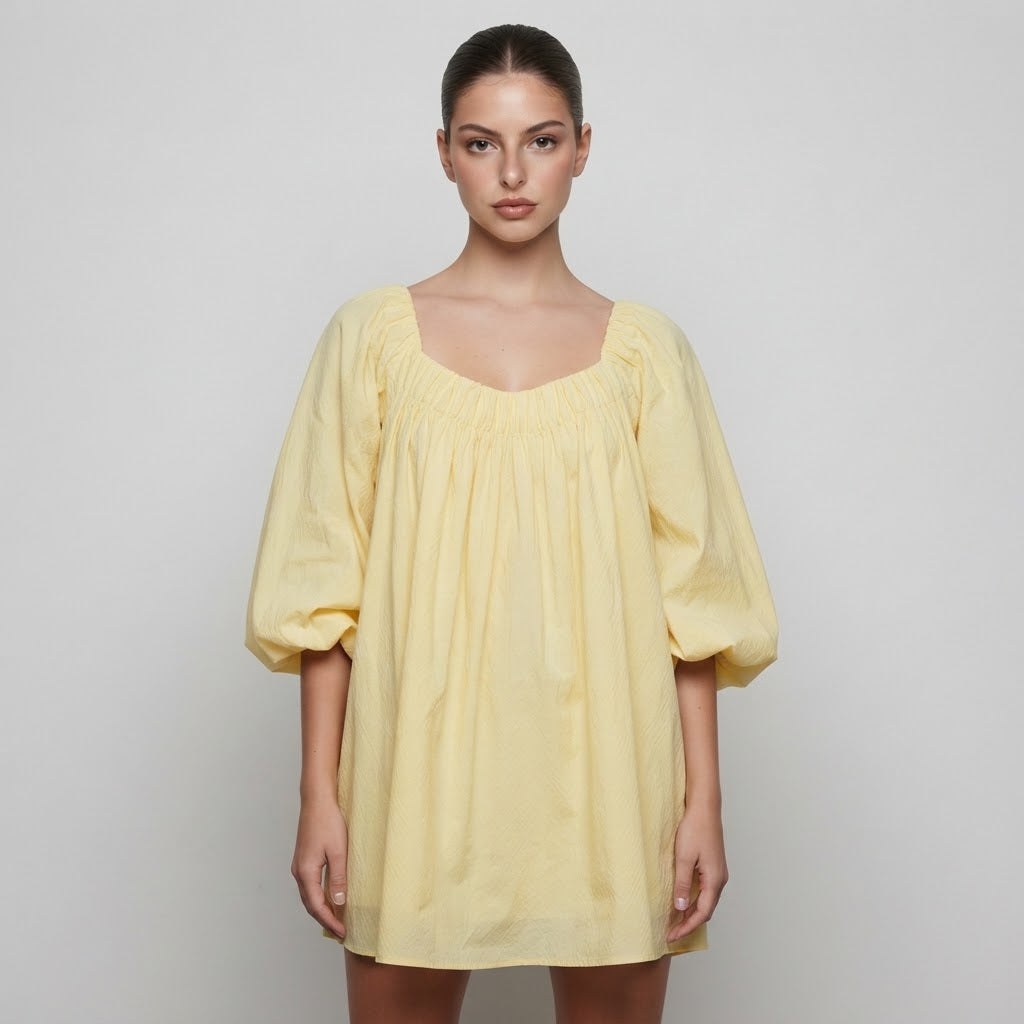 Flowy Mini Dress with Balloon Sleeves – Side View | Celina Studio