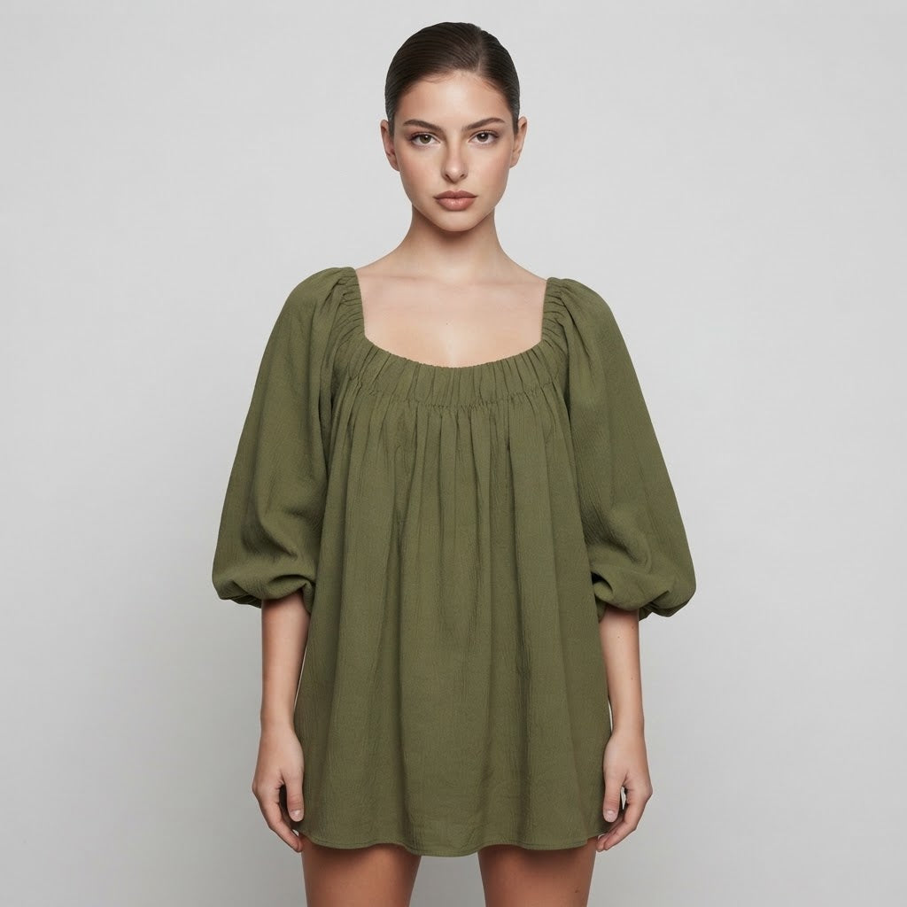 Flowy Mini Dress with Balloon Sleeves – Color Option 1 | Celina Studio
