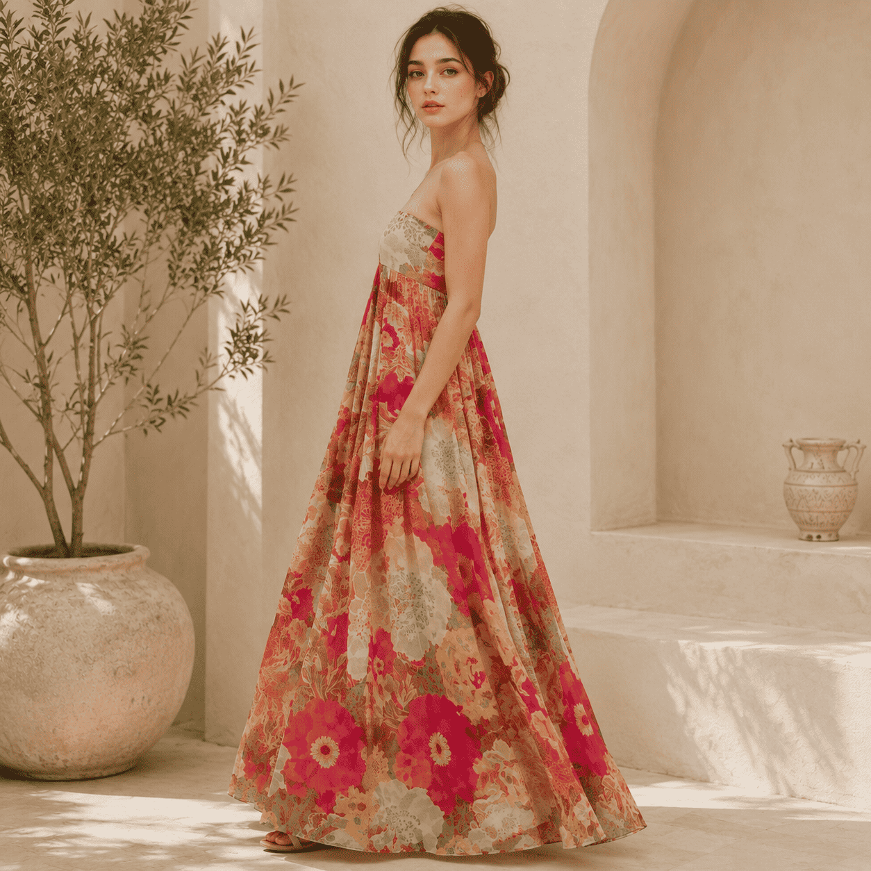 Floral Print Strapless Backless Pleated Maxi Dress – additional view 3
