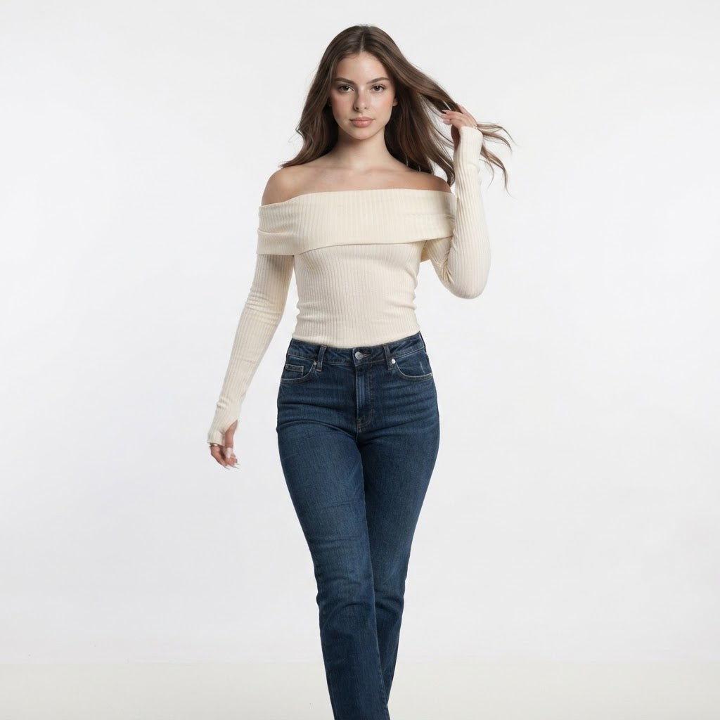 Off-Shoulder Ribbed Knit Sweater