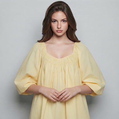 Flowy Mini Dress with Balloon Sleeves – Front View | Celina Studio
