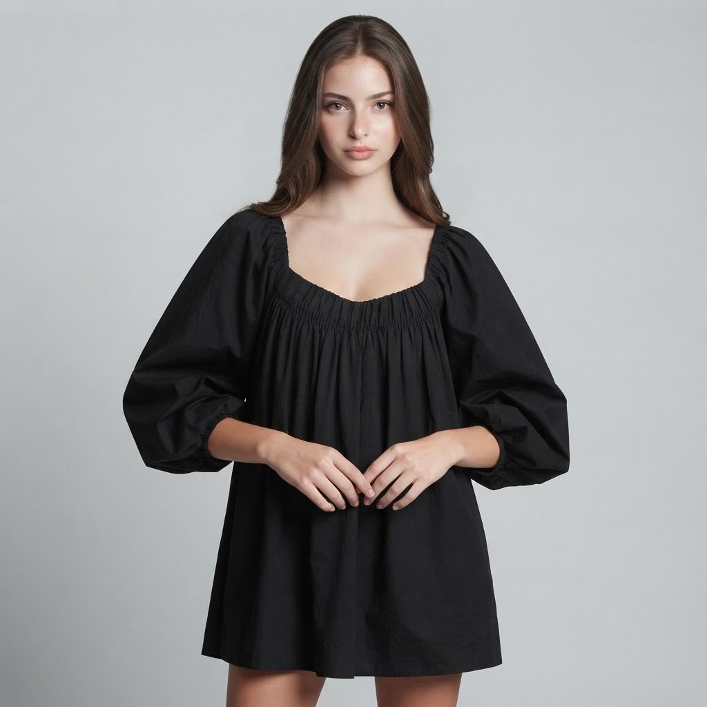 Flowy Mini Dress with Balloon Sleeves – Product Image | Celina Studio